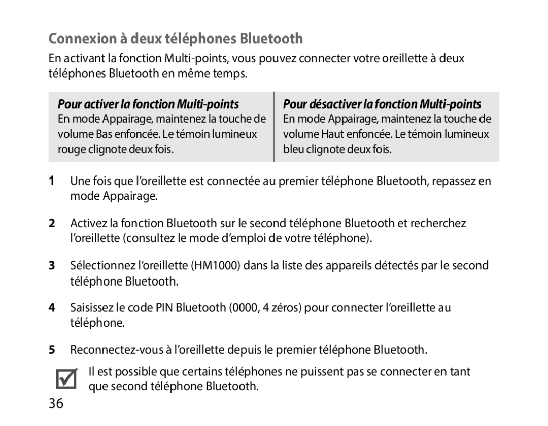 Samsung BHM1000JWEGJED, BHM1000JBEGJED manual Connexion à deux téléphones Bluetooth, Pour activer la fonction Multi-points 