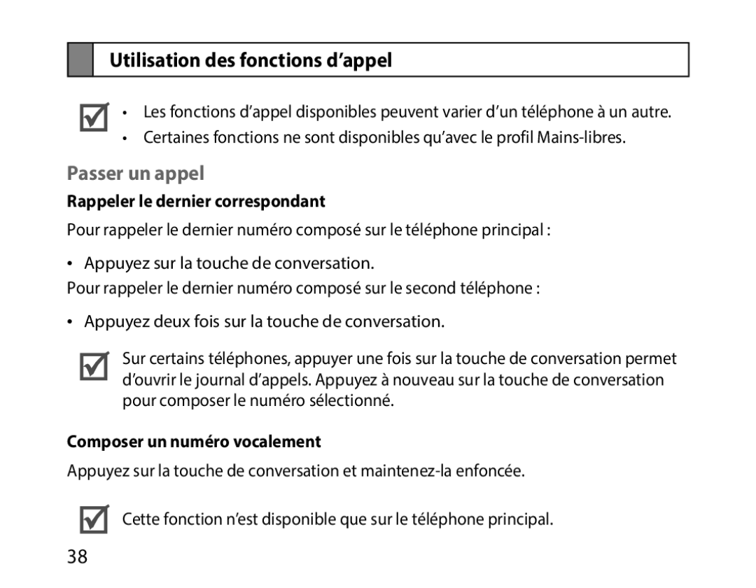 Samsung BHM1000JBECJED manual Utilisation des fonctions d’appel, Passer un appel, Rappeler le dernier correspondant 