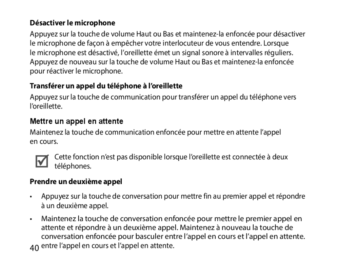 Samsung BHM1000JWECJED, BHM1000JBEGJED manual Désactiver le microphone, Transférer un appel du téléphone à l’oreillette 