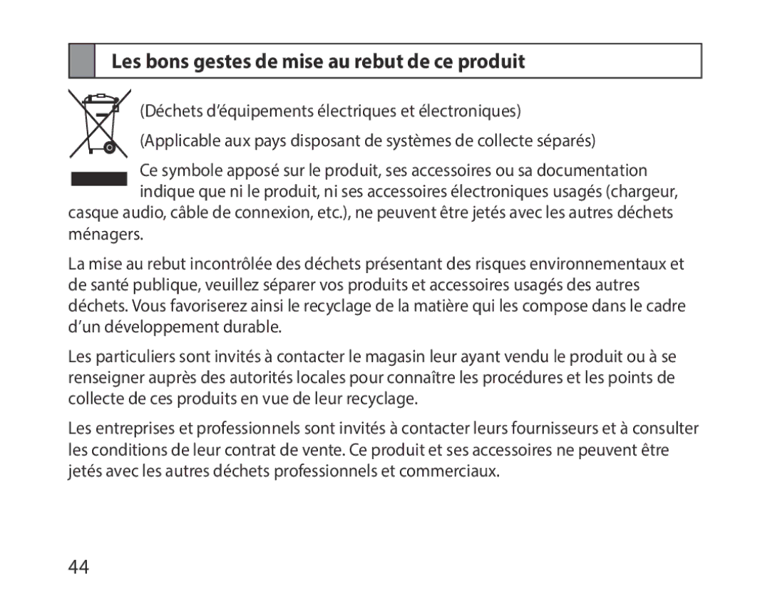 Samsung BHM1000EWECSKZ, BHM1000JBEGJED, BHM1000BBBCAFR, BHM1000JWEGJED manual Les bons gestes de mise au rebut de ce produit 