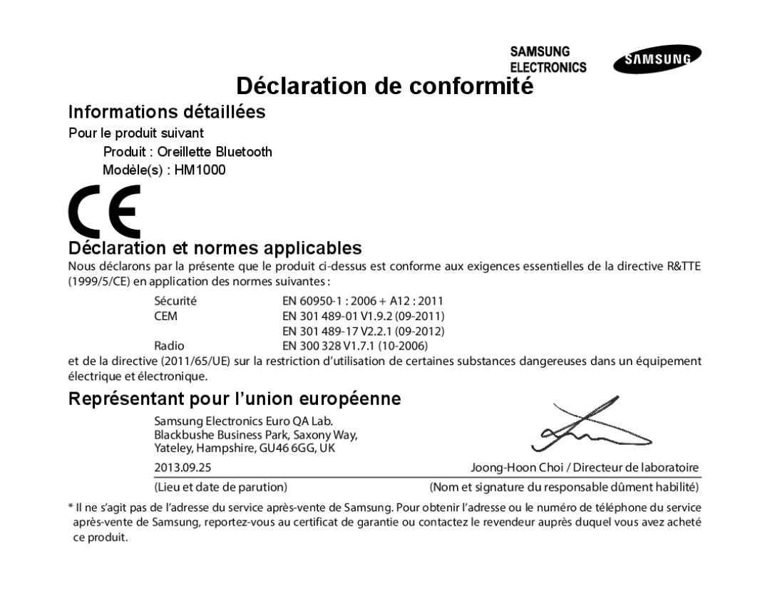 Samsung BHM1000BBBCAFR Informations détaillées, Déclaration et normes applicables, Représentant pour l’union européenne 