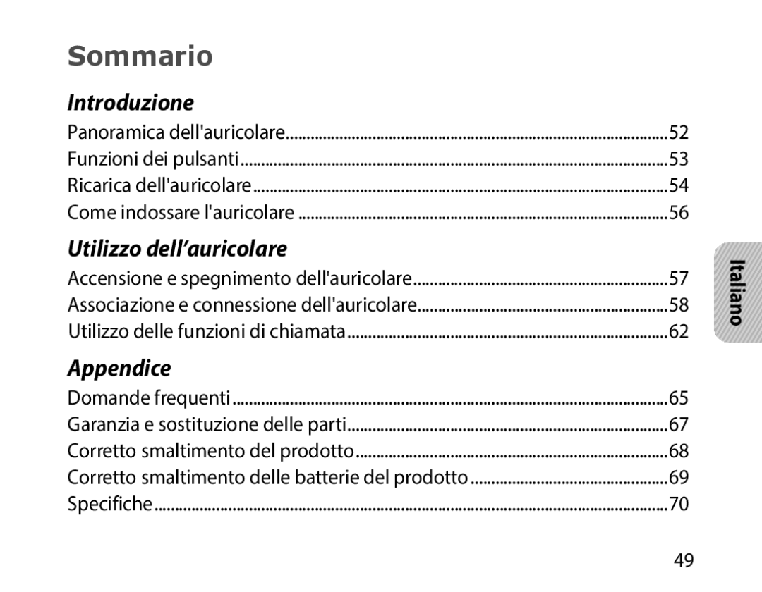 Samsung BHM1000EBECXSG, BHM1000JBEGJED, BHM1000BBBCAFR, BHM1000JWEGJED, BHM1000JBECJED, BHM1000UBECJED manual Sommario, Italiano 