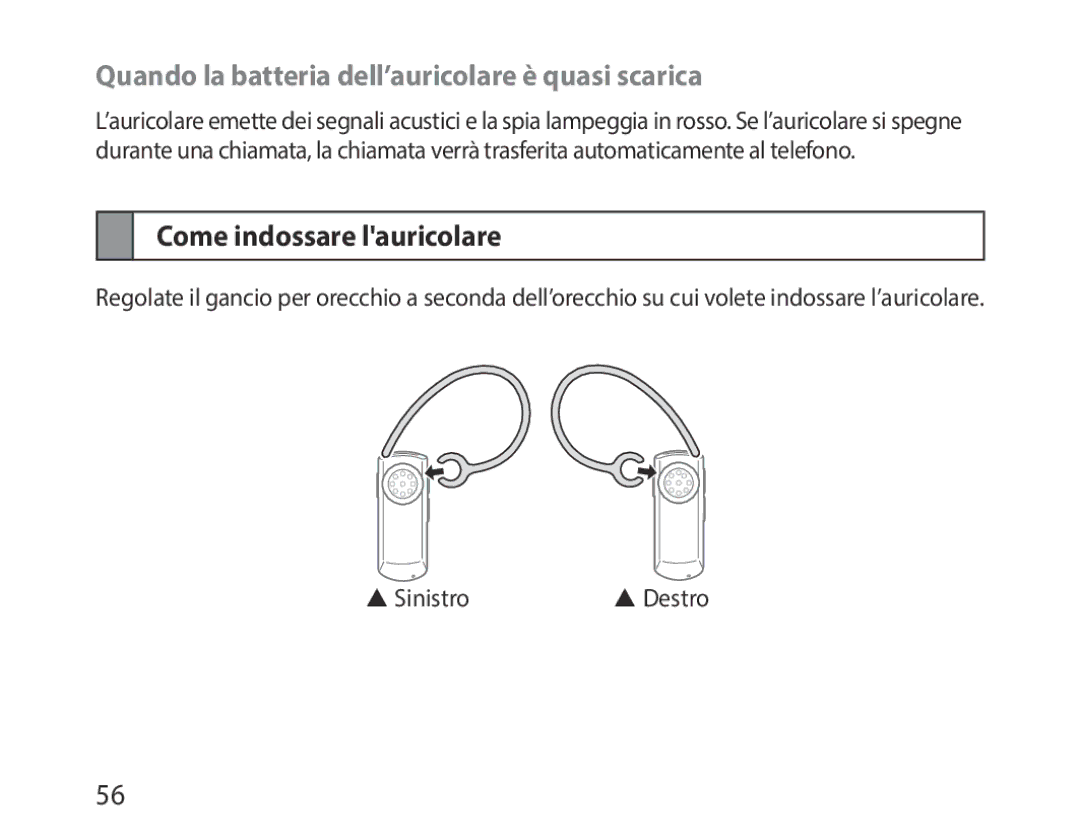 Samsung BHM1000EWECSKZ, BHM1000JBEGJED manual Quando la batteria dell’auricolare è quasi scarica, Come indossare lauricolare 