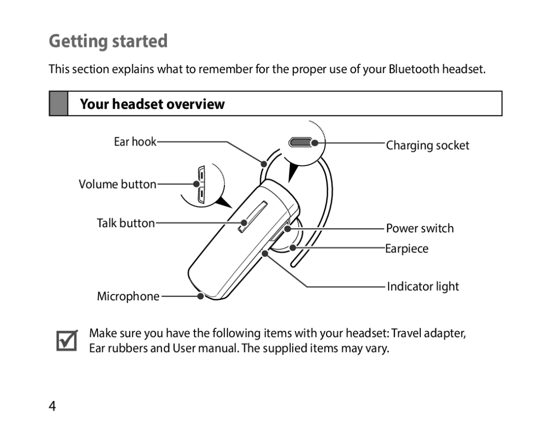 Samsung BHM1000JWECJED, BHM1000JBEGJED, BHM1000BBBCAFR, BHM1000JWEGJED, BHM1000EBECXSG Getting started, Your headset overview 