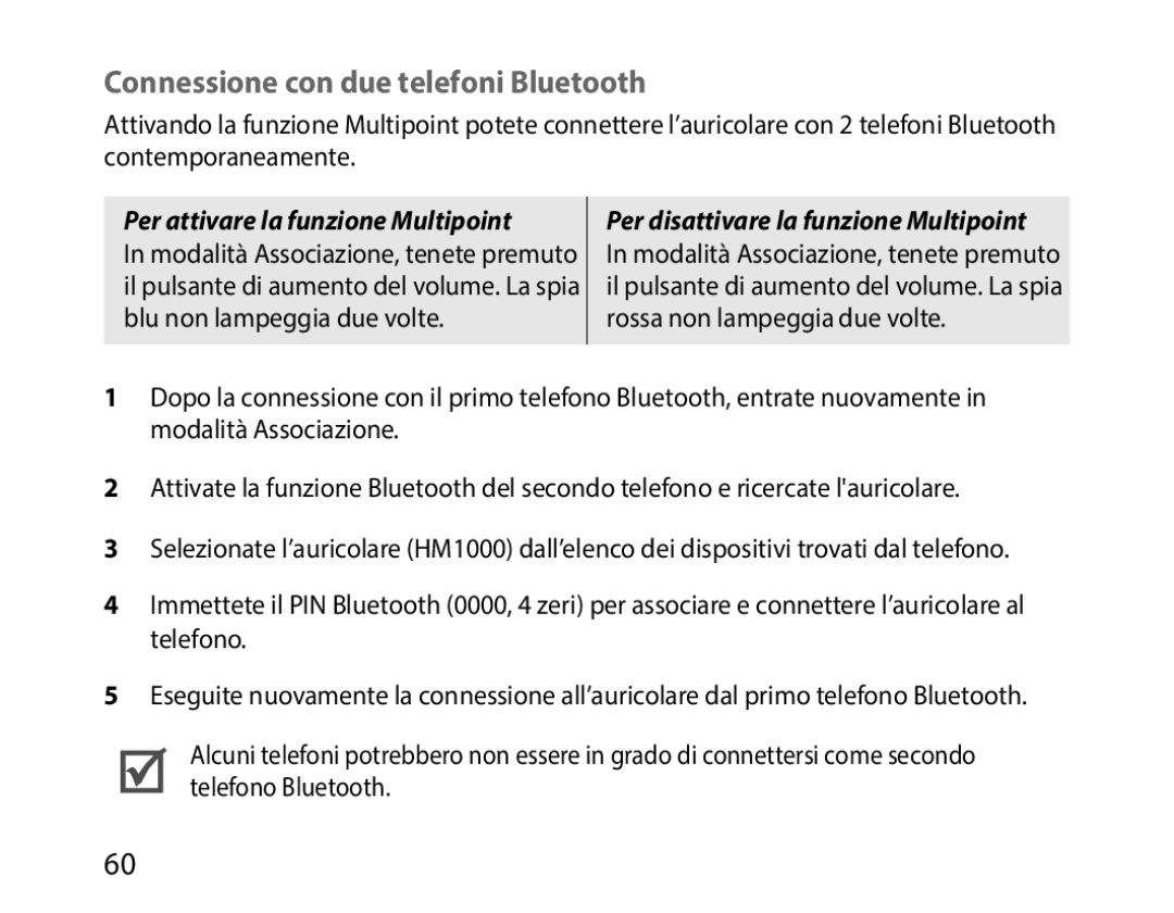 Samsung BHM1000JWEGJED, BHM1000JBEGJED manual Connessione con due telefoni Bluetooth, Per attivare la funzione Multipoint 