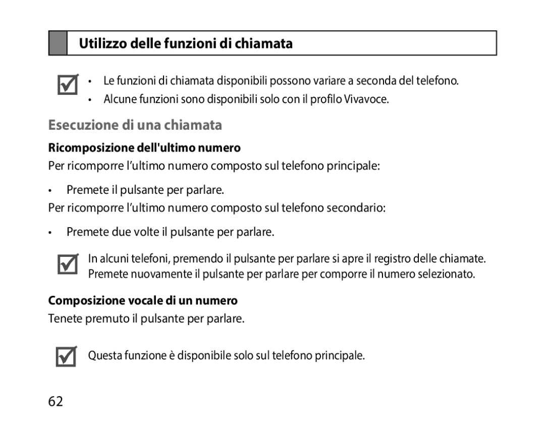 Samsung BHM1000JBECJED Utilizzo delle funzioni di chiamata, Esecuzione di una chiamata, Ricomposizione dellultimo numero 