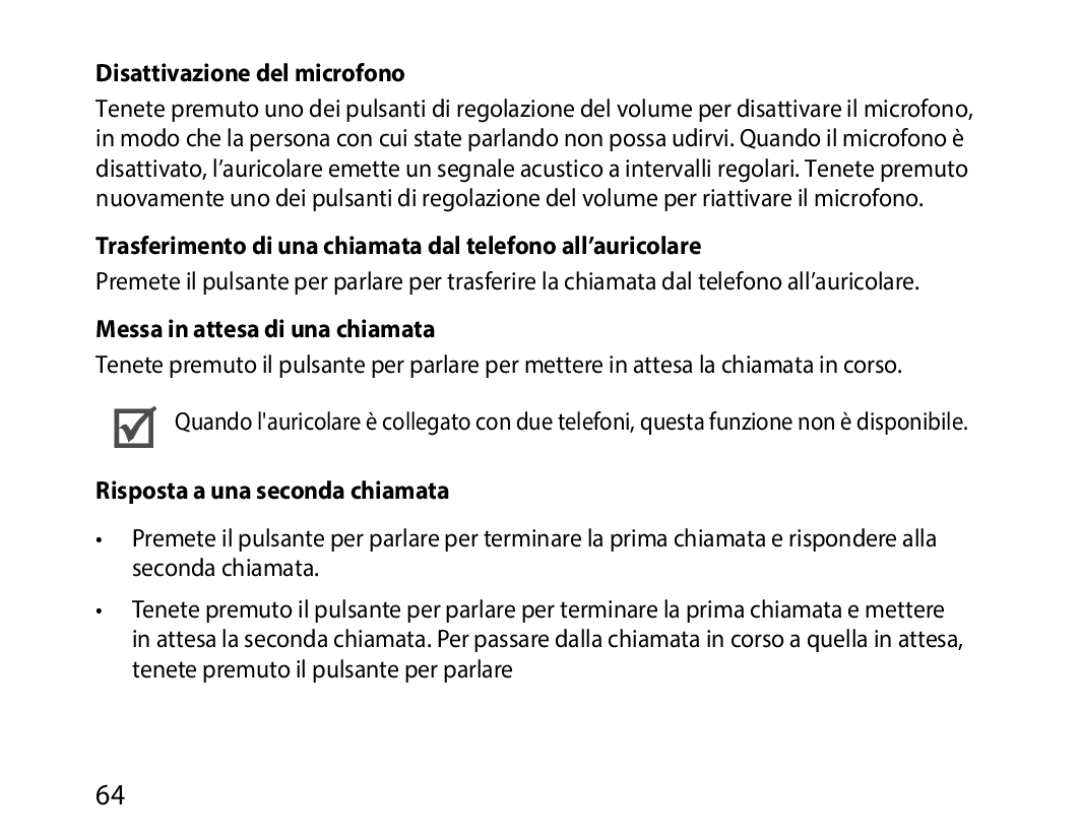 Samsung BHM1000JWECJED manual Disattivazione del microfono, Trasferimento di una chiamata dal telefono all’auricolare 