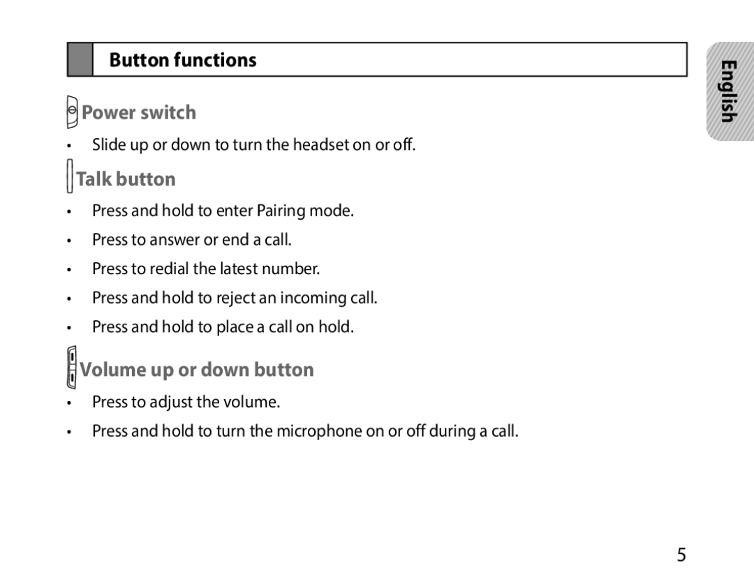 Samsung BHM1000EWECXSG, BHM1000JBEGJED manual Button functions, Power switch, Talk button, Volume up or down button 