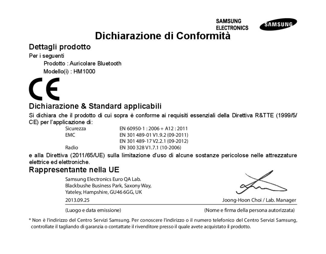 Samsung BHM1000BBBCAFR, BHM1000JBEGJED Dettagli prodotto, Dichiarazione & Standard applicabili, Rappresentante nella UE 