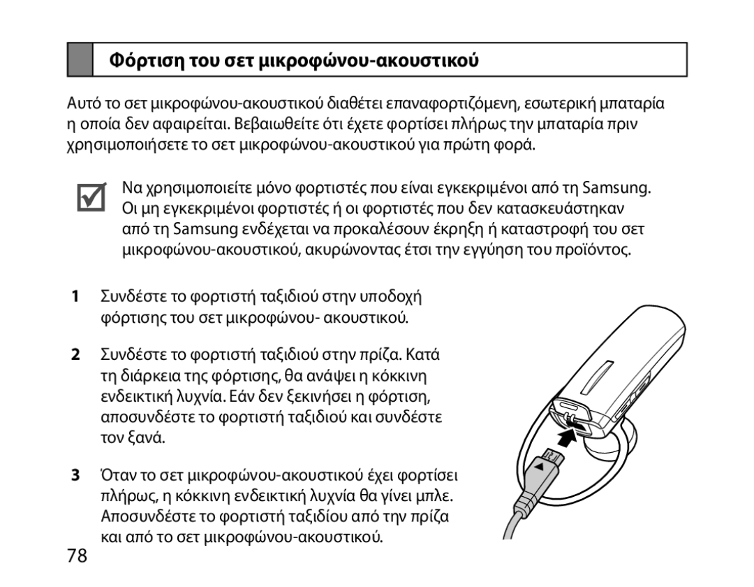 Samsung BHM1000EBECMMC, BHM1000JBEGJED, BHM1000BBBCAFR, BHM1000JWEGJED, BHM1000EBECXSG Φόρτιση του σετ μικροφώνου-ακουστικού 