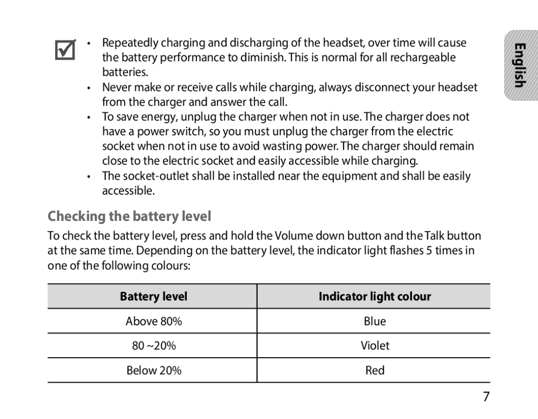 Samsung BHM1000EBECLEV, BHM1000JBEGJED, BHM1000BBBCAFR Checking the battery level, Battery level Indicator light colour 