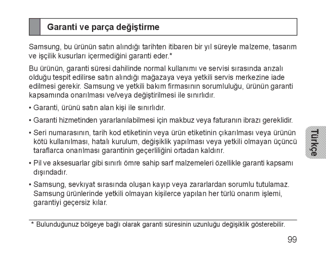 Samsung BHM1000UBECJED, BHM1000JBEGJED, BHM1000BBBCAFR, BHM1000JWEGJED, BHM1000EBECXSG manual Garanti ve parça değiştirme 