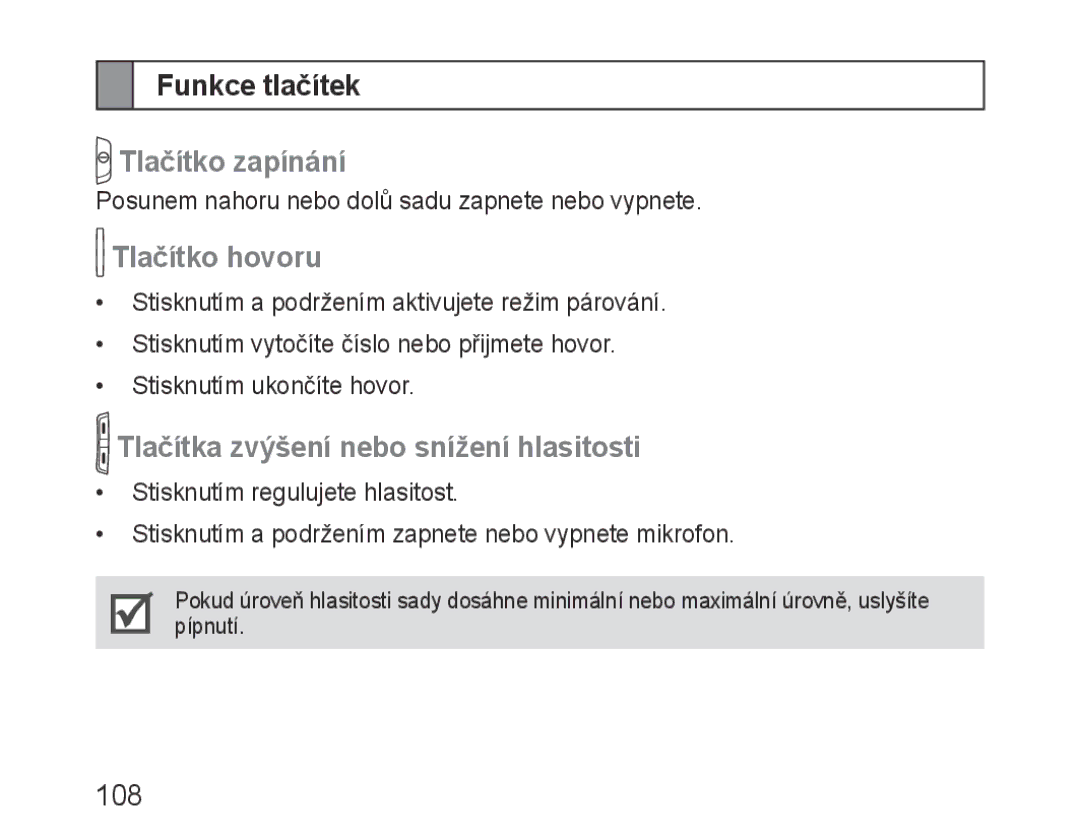 Samsung BHM1000JWEGJED Funkce tlačítek, Tlačítko zapínání, Tlačítko hovoru, Tlačítka zvýšení nebo snížení hlasitosti, 108 