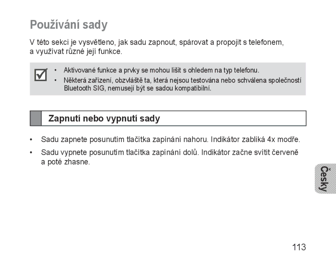 Samsung BHM1000EWECXSG, BHM1000JBEGJED, BHM1000BBBCAFR, BHM1000JWEGJED manual Používání sady, Zapnutí nebo vypnutí sady, 113 