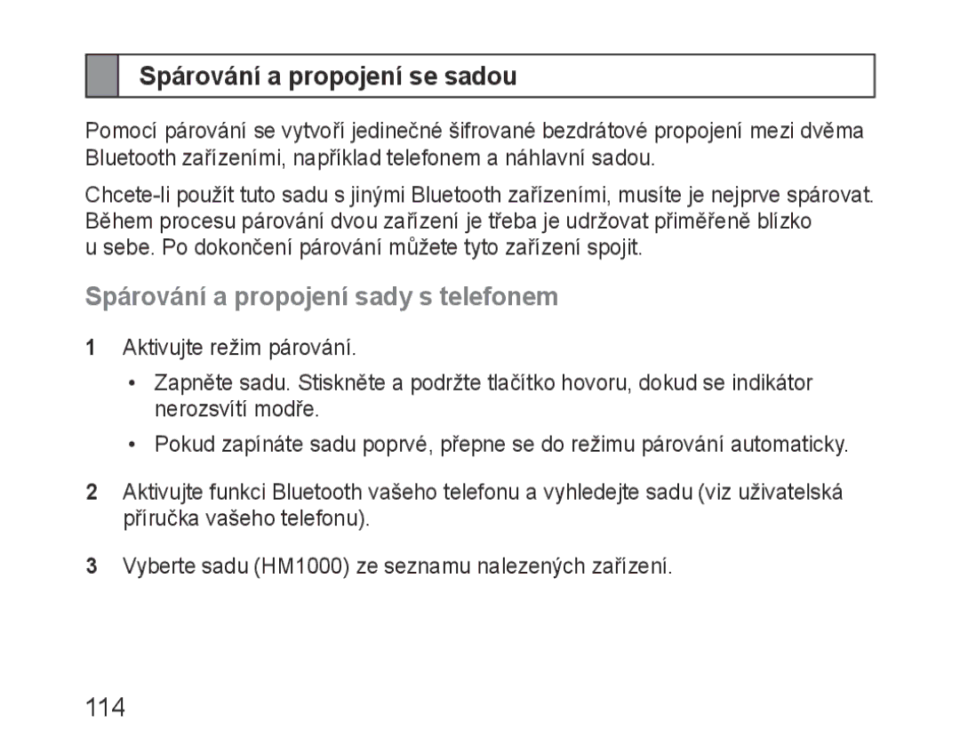 Samsung BHM1000EBECMMC, BHM1000JBEGJED manual Spárování a propojení se sadou, Spárování a propojení sady s telefonem, 114 