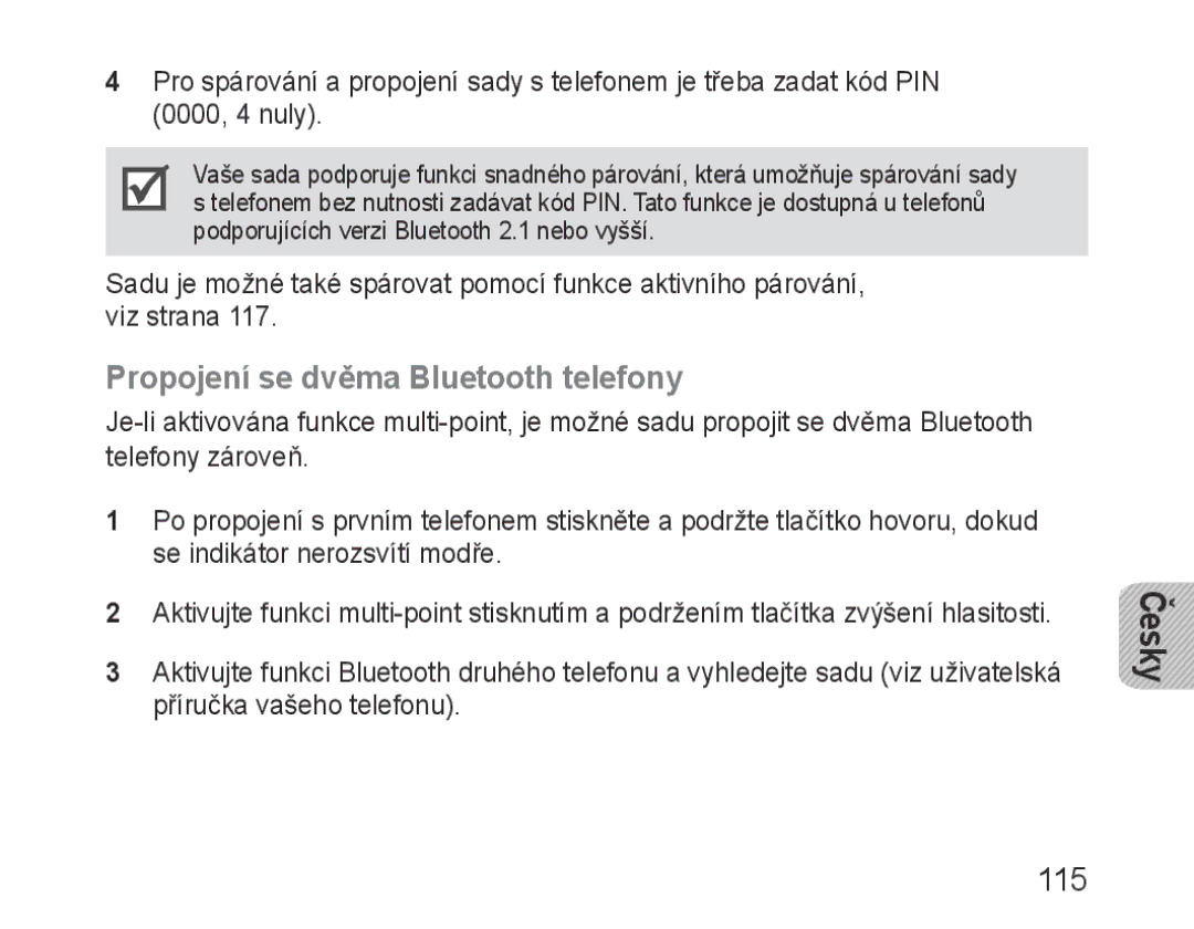 Samsung BHM1000EBECLEV, BHM1000JBEGJED, BHM1000BBBCAFR, BHM1000JWEGJED manual Propojení se dvěma Bluetooth telefony, 115 