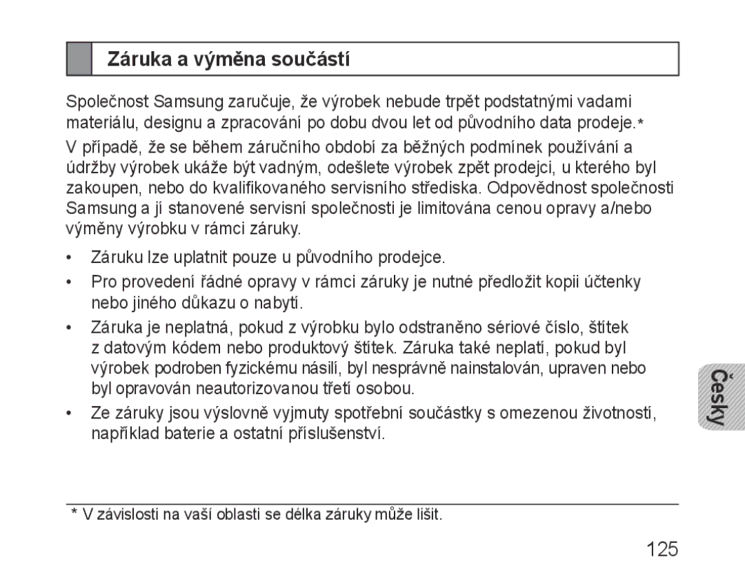 Samsung BHM1000EWECXSG, BHM1000JBEGJED, BHM1000BBBCAFR, BHM1000JWEGJED, BHM1000EBECXSG manual Záruka a výměna součástí, 125 