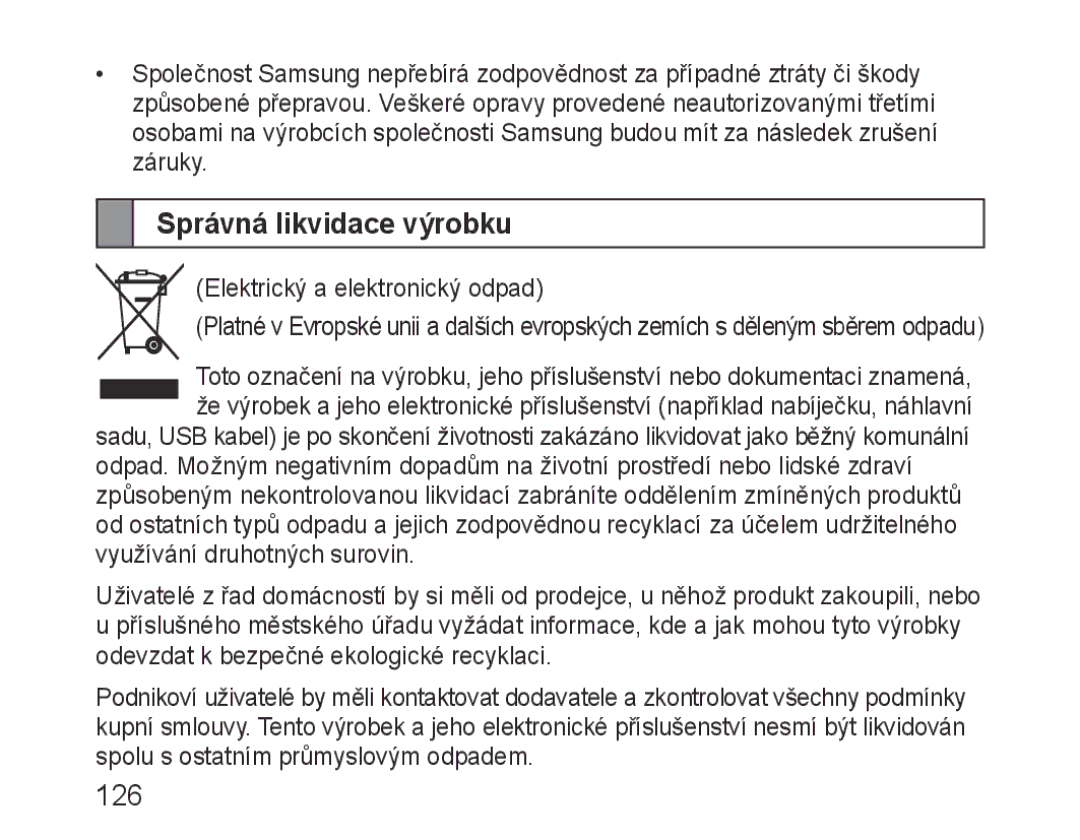 Samsung BHM1000EBECMMC, BHM1000JBEGJED, BHM1000BBBCAFR, BHM1000JWEGJED, BHM1000EBECXSG manual Správná likvidace výrobku, 126 