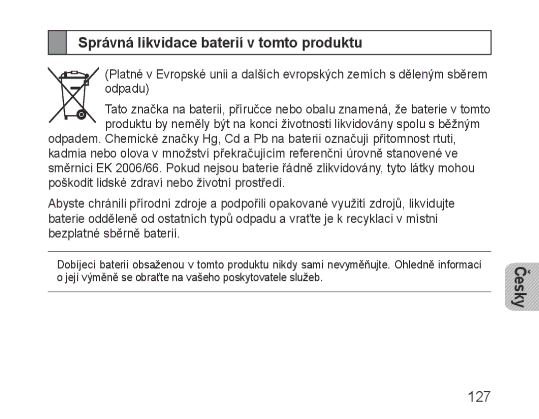 Samsung BHM1000EBECLEV, BHM1000JBEGJED, BHM1000BBBCAFR, BHM1000JWEGJED manual Správná likvidace baterií v tomto produktu, 127 