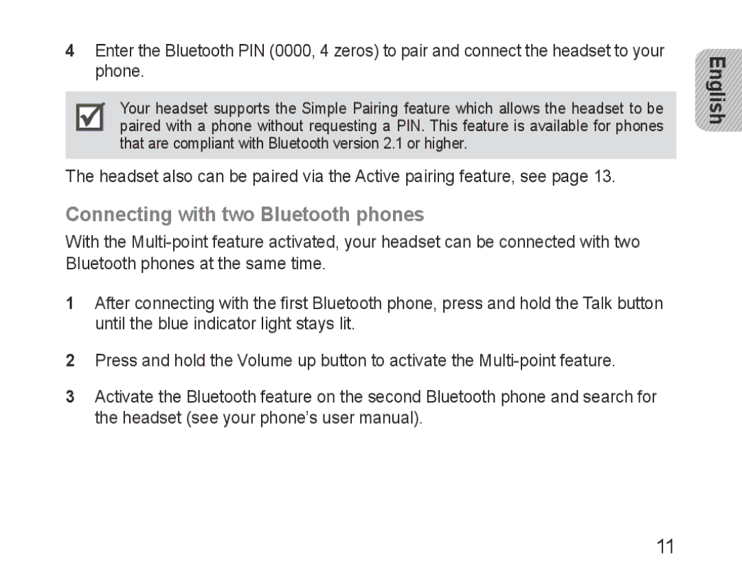 Samsung BHM1000BBBCAFR, BHM1000JBEGJED, BHM1000JWEGJED, BHM1000EBECXSG manual Connecting with two Bluetooth phones, English 