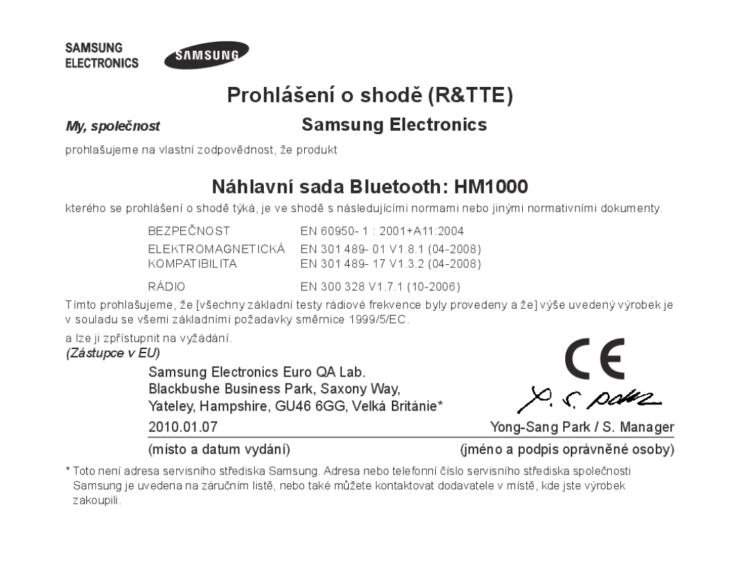 Samsung BHM1000UWECJED, BHM1000JBEGJED, BHM1000BBBCAFR manual Prohlášení o shodě R&TTE, Náhlavní sada Bluetooth HM1000 