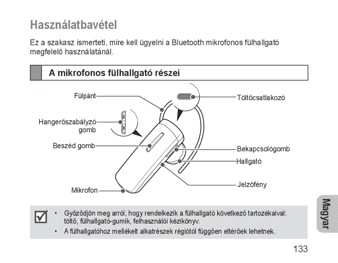 Samsung BHM1000EBECXSG, BHM1000JBEGJED, BHM1000BBBCAFR, BHM1000JWEGJED Használatbavétel, Mikrofonos fülhallgató részei, 133 