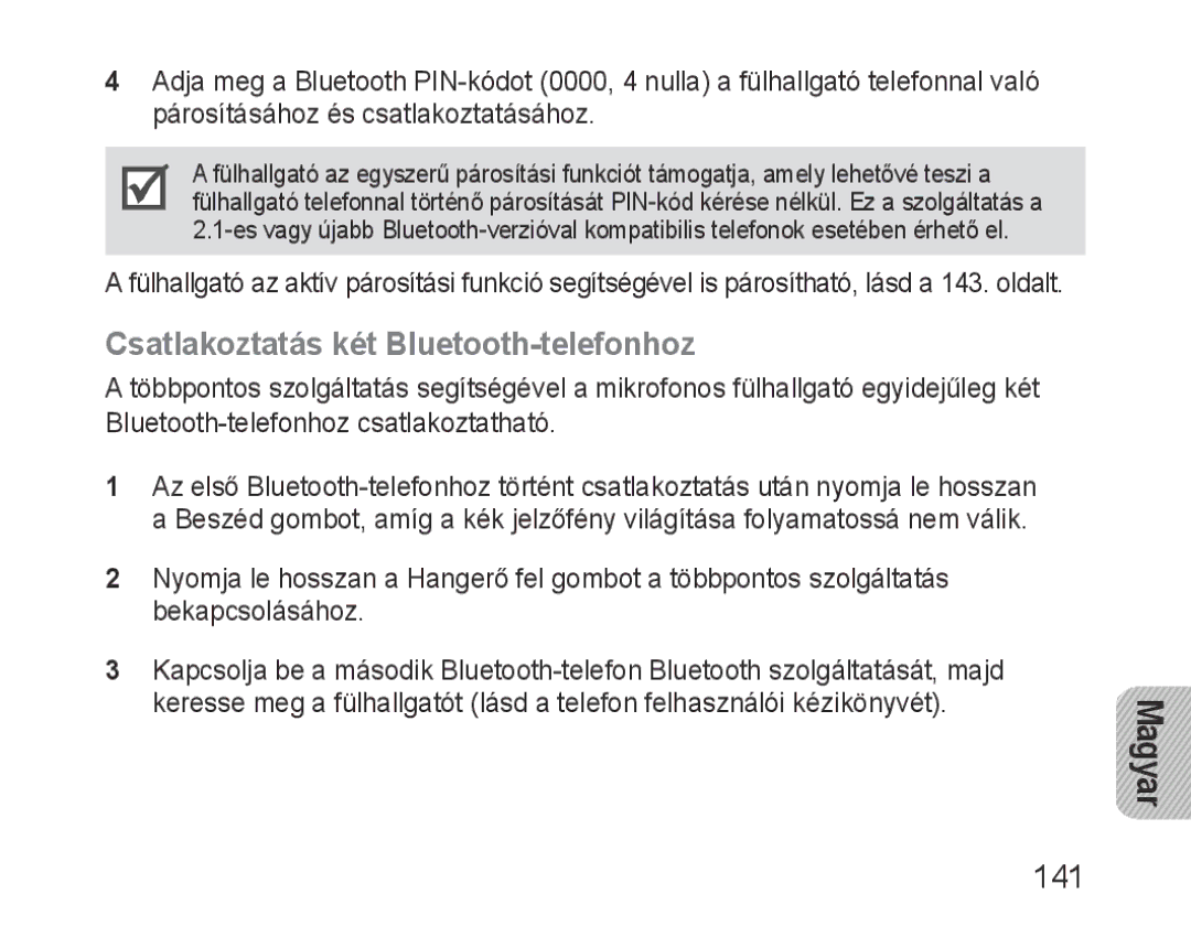 Samsung BHM1000UWECJED, BHM1000JBEGJED, BHM1000BBBCAFR, BHM1000JWEGJED manual Csatlakoztatás két Bluetooth-telefonhoz, 141 