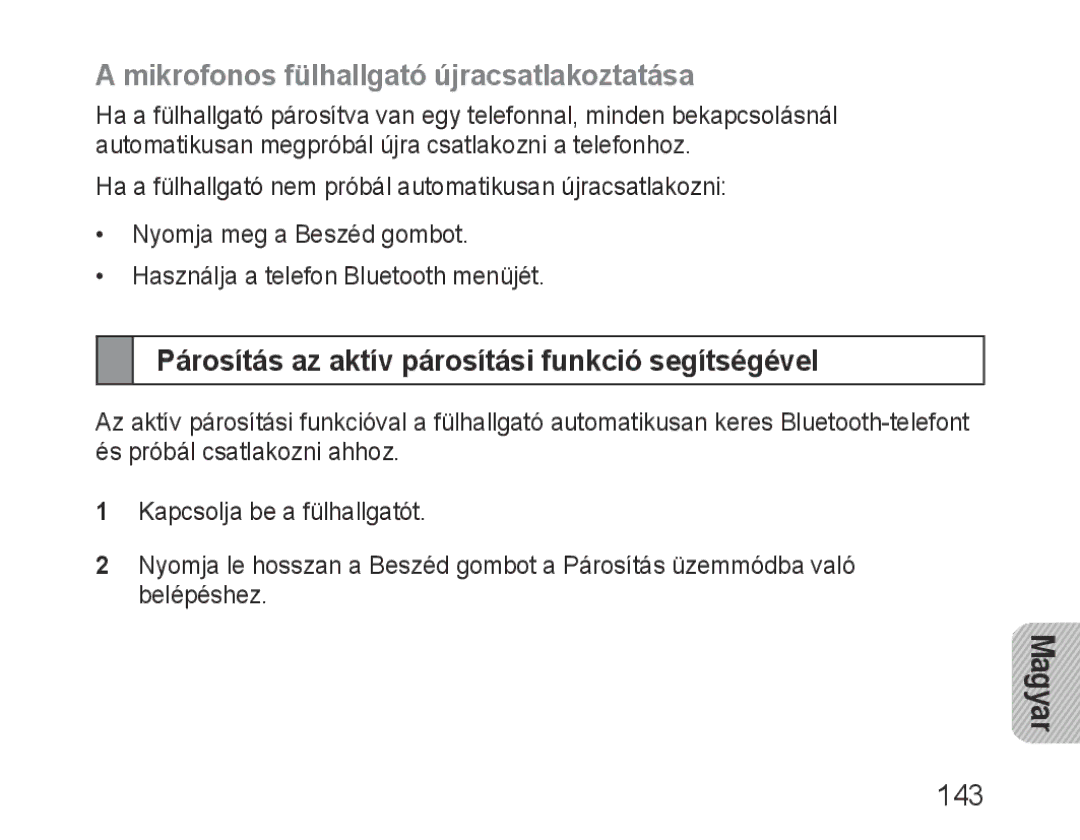 Samsung BHM1000BBBCAFR Mikrofonos fülhallgató újracsatlakoztatása, Párosítás az aktív párosítási funkció segítségével, 143 