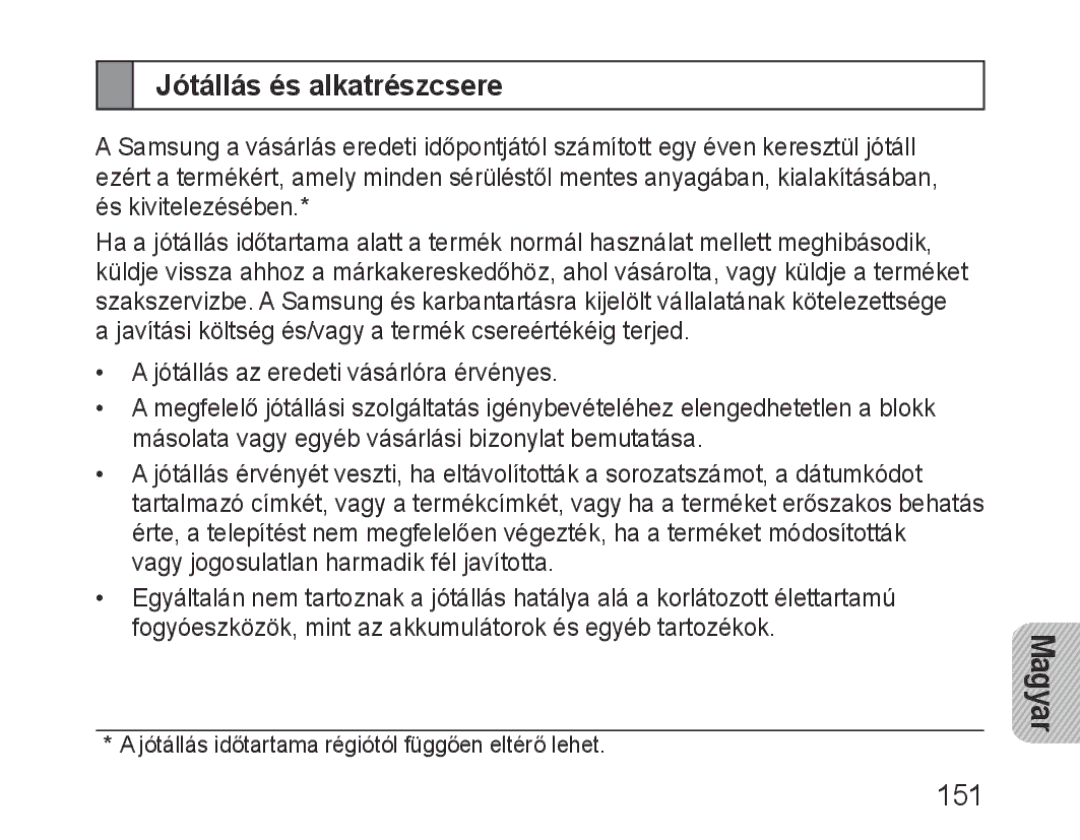 Samsung BHM1000EBECLEV, BHM1000JBEGJED, BHM1000BBBCAFR, BHM1000JWEGJED, BHM1000EBECXSG manual Jótállás és alkatrészcsere, 151 