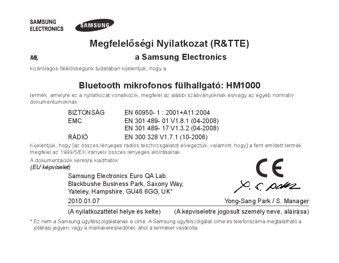 Samsung BHM1000BBBCAFR, BHM1000JBEGJED, BHM1000JWEGJED Bluetooth mikrofonos fülhallgató HM1000, Mi,a Samsung Electronics 