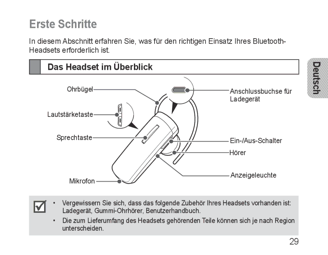 Samsung BHM1000EWECXSG, BHM1000JBEGJED, BHM1000BBBCAFR, BHM1000JWEGJED manual Erste Schritte, Das Headset im Überblick 