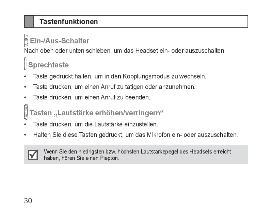 Samsung BHM1000EBECMMC manual Tastenfunktionen, Ein-/Aus-Schalter, Sprechtaste, Tasten „Lautstärke erhöhen/verringern 