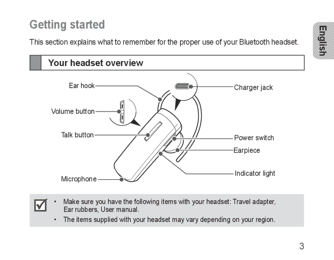 Samsung BHM1000UBECJED, BHM1000JBEGJED, BHM1000BBBCAFR, BHM1000JWEGJED, BHM1000EBECXSG Getting started, Your headset overview 