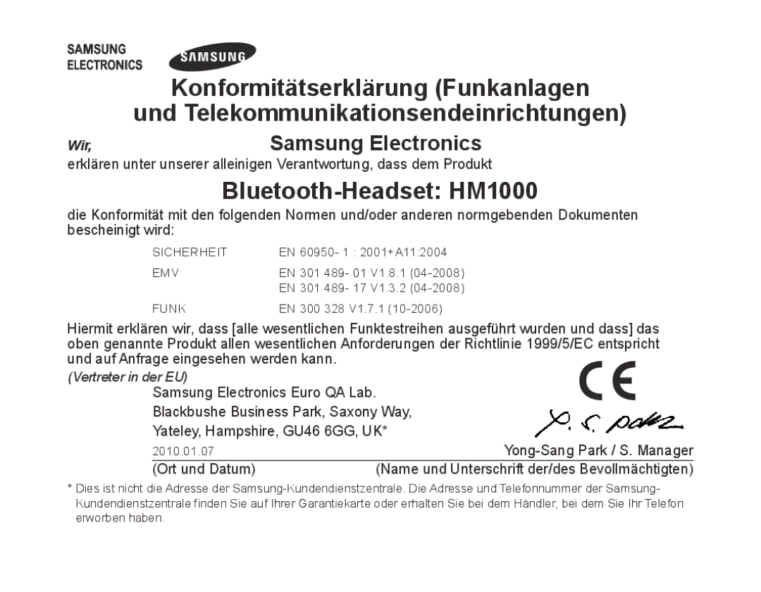 Samsung BHM1000UBECJED, BHM1000JBEGJED, BHM1000BBBCAFR, BHM1000JWEGJED manual Bluetooth-Headset HM1000, Samsung Electronics 