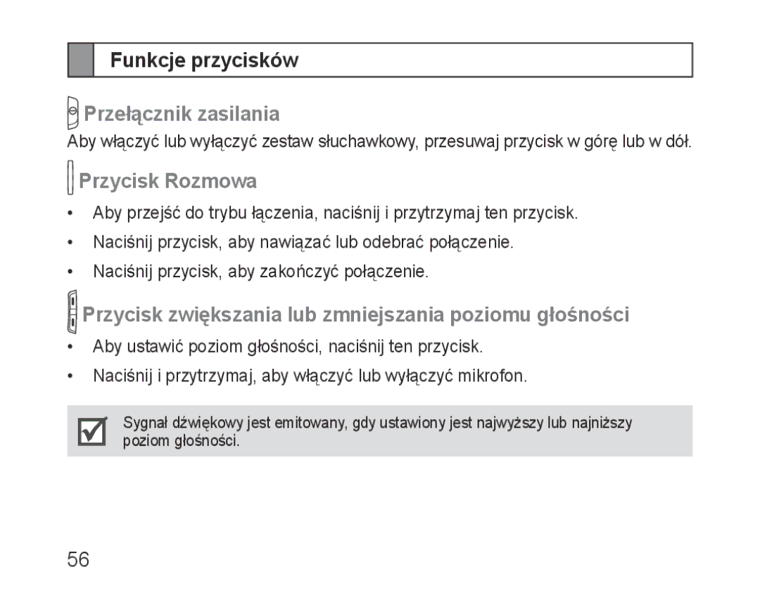 Samsung BHM1000EWECSKZ, BHM1000JBEGJED, BHM1000BBBCAFR manual Funkcje przycisków, Przełącznik zasilania, Przycisk Rozmowa 