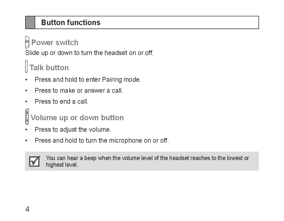 Samsung BHM1000JWECJED, BHM1000JBEGJED manual Button functions, Power switch, Talk button, Volume up or down button 