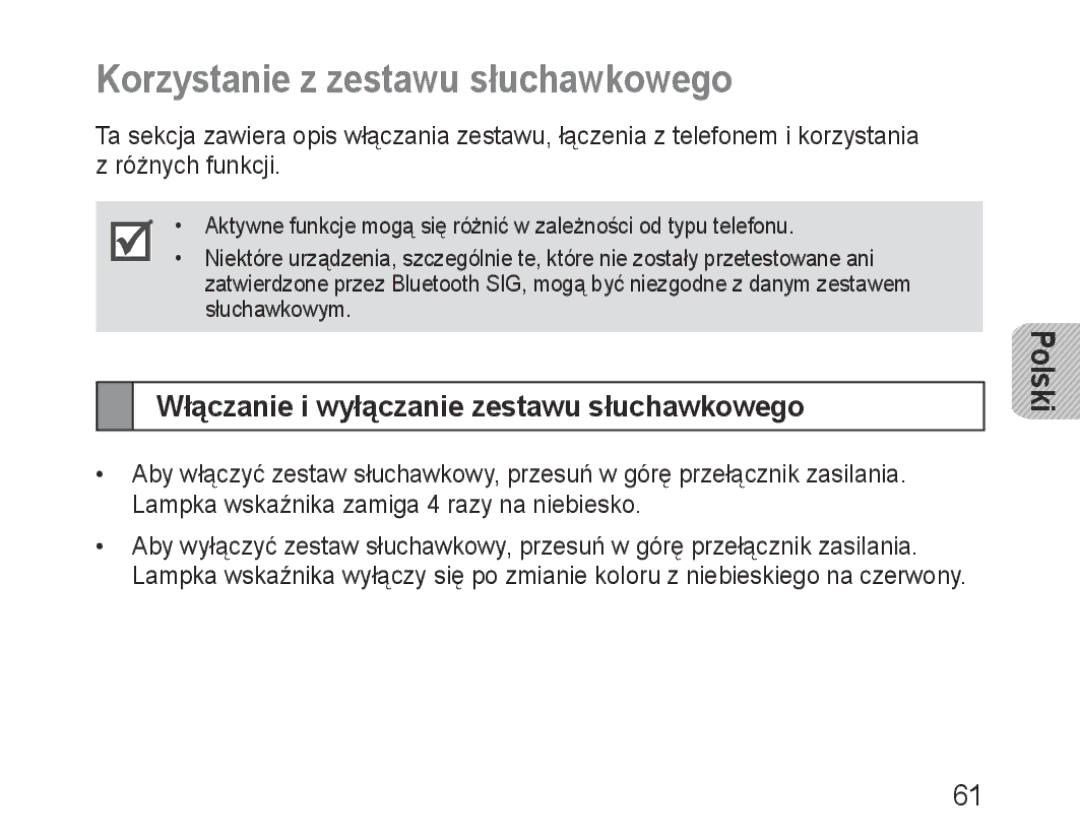 Samsung BHM1000EBECXSG, BHM1000JBEGJED Korzystanie z zestawu słuchawkowego, Włączanie i wyłączanie zestawu słuchawkowego 