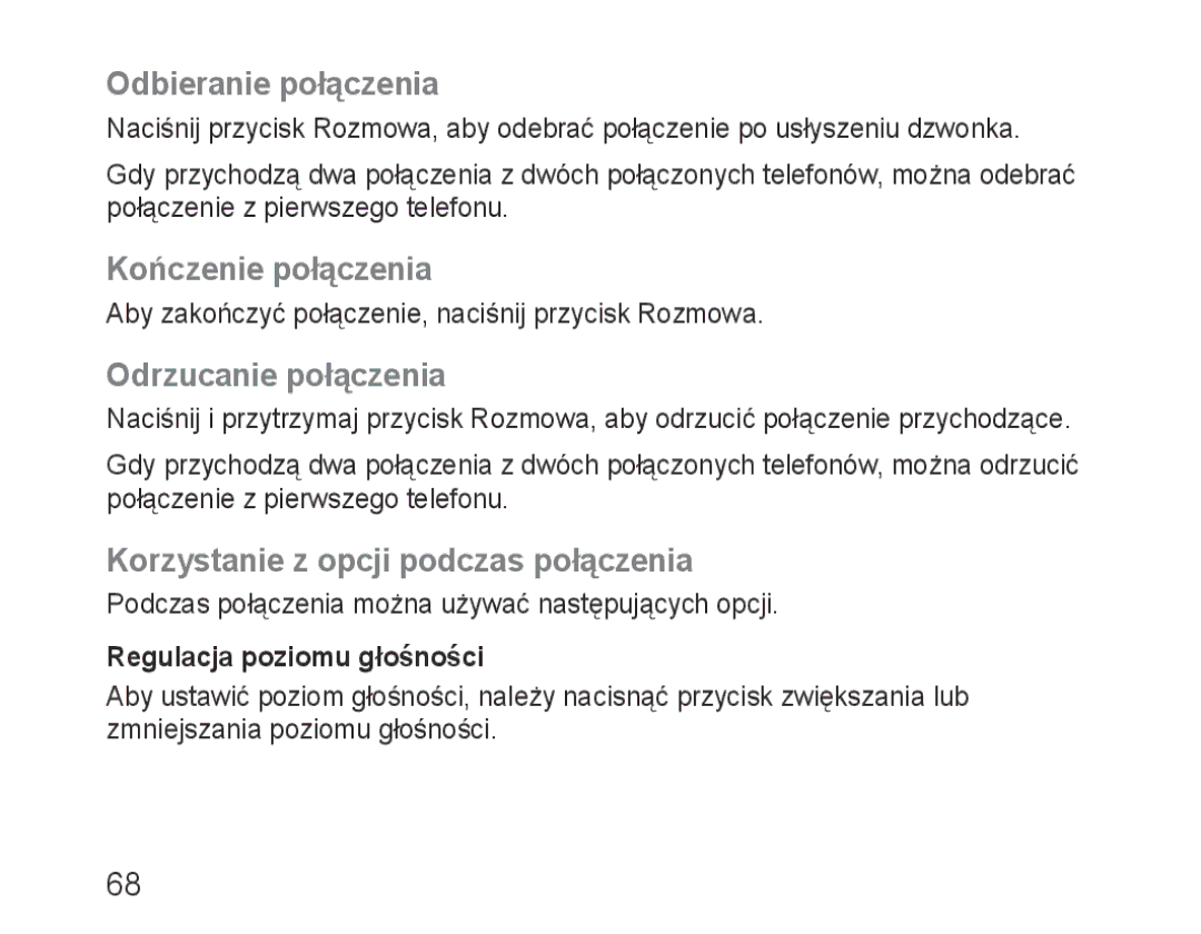 Samsung BHM1000EWECSKZ Odbieranie połączenia, Kończenie połączenia, Odrzucanie połączenia, Regulacja poziomu głośności 