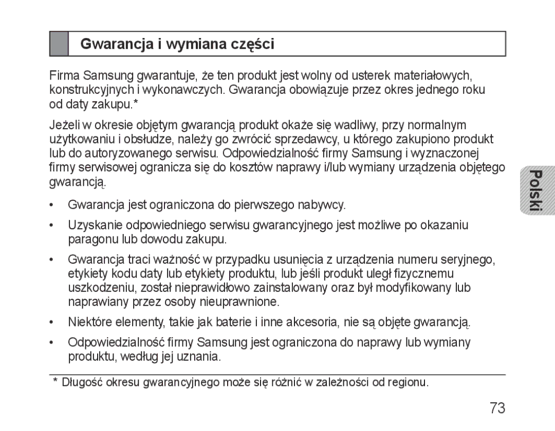 Samsung BHM1000EBECXSG, BHM1000JBEGJED, BHM1000BBBCAFR, BHM1000JWEGJED, BHM1000JBECJED manual Gwarancja i wymiana części 