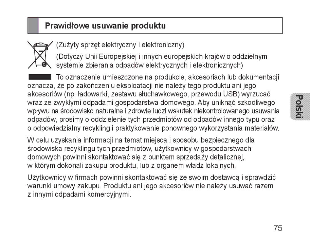 Samsung BHM1000UBECJED, BHM1000JBEGJED, BHM1000BBBCAFR, BHM1000JWEGJED, BHM1000EBECXSG manual Prawidłowe usuwanie produktu 