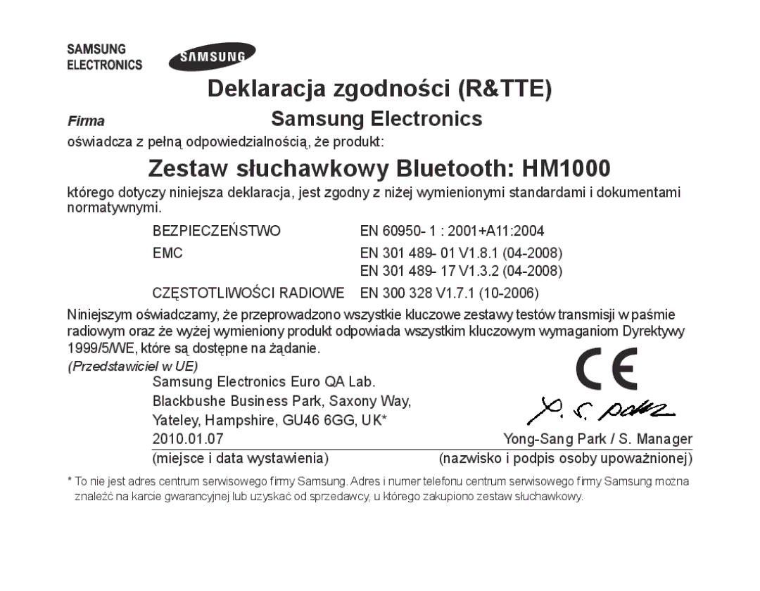 Samsung BHM1000EBECMMC, BHM1000JBEGJED, BHM1000BBBCAFR, BHM1000JWEGJED, BHM1000EBECXSG Zestaw słuchawkowy Bluetooth HM1000 