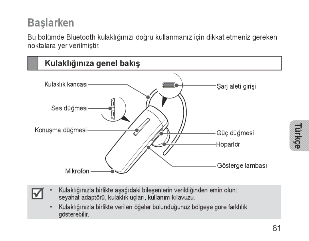 Samsung BHM1000UWECJED, BHM1000JBEGJED, BHM1000BBBCAFR, BHM1000JWEGJED, BHM1000EBECXSG Başlarken, Kulaklığınıza genel bakış 