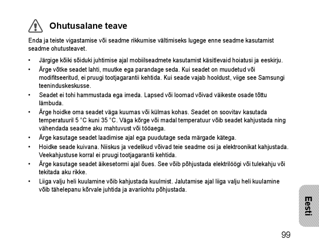 Samsung BHM1100EBEGSEB manual Ohutusalane teave, Eesti 