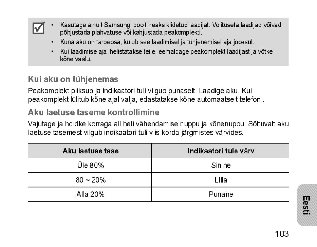 Samsung BHM1100EBEGSEB Kui aku on tühjenemas, Aku laetuse taseme kontrollimine, Aku laetuse tase Indikaatori tule värv 