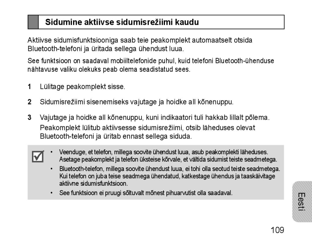 Samsung BHM1100EBEGSEB manual Sidumine aktiivse sidumisrežiimi kaudu, Eesti 