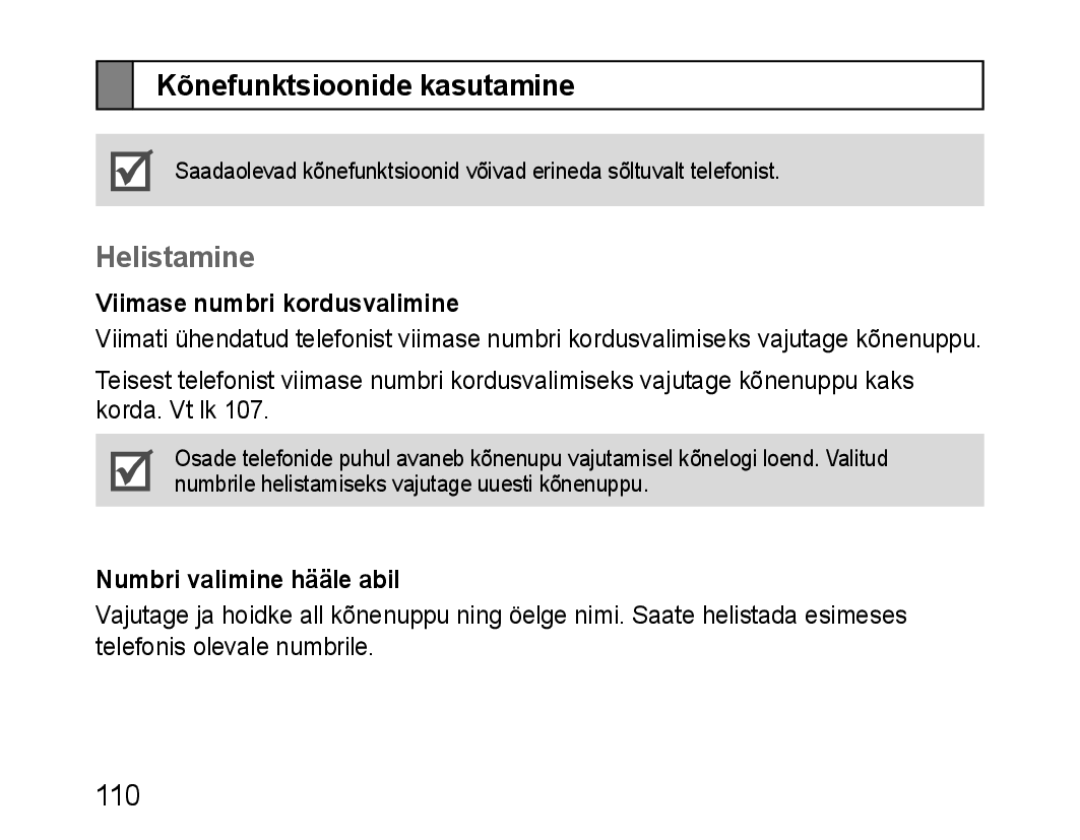 Samsung BHM1100EBEGSEB manual Kõnefunktsioonide kasutamine, Helistamine, Viimase numbri kordusvalimine 