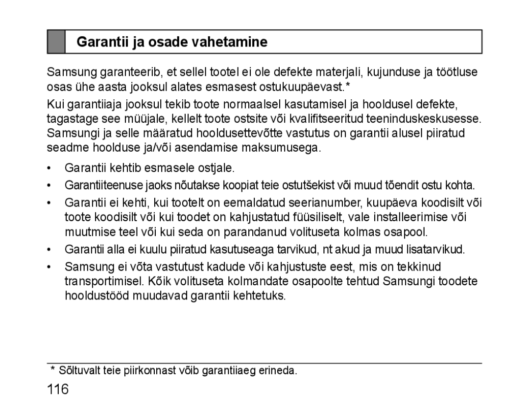 Samsung BHM1100EBEGSEB manual Garantii ja osade vahetamine 