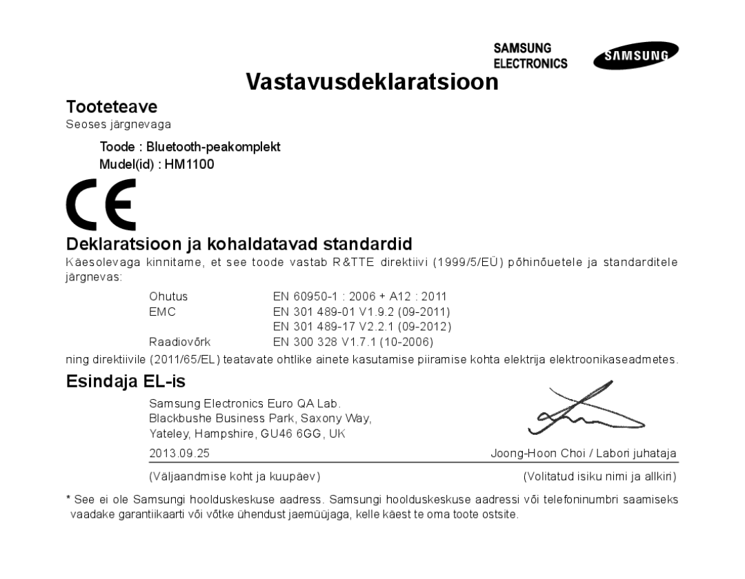 Samsung BHM1100EBEGSEB manual Tooteteave, Deklaratsioon ja kohaldatavad standardid, Esindaja EL-is 