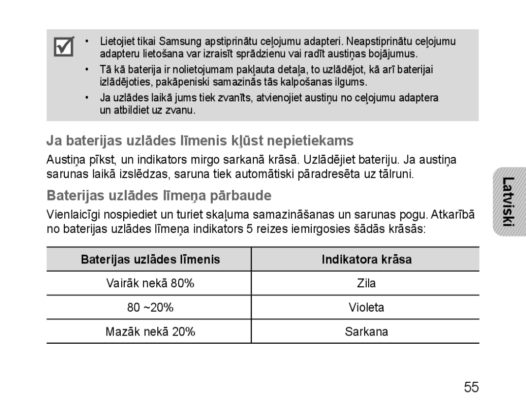 Samsung BHM1100EBEGSEB manual Ja baterijas uzlādes līmenis kļūst nepietiekams, Baterijas uzlādes līmeņa pārbaude 