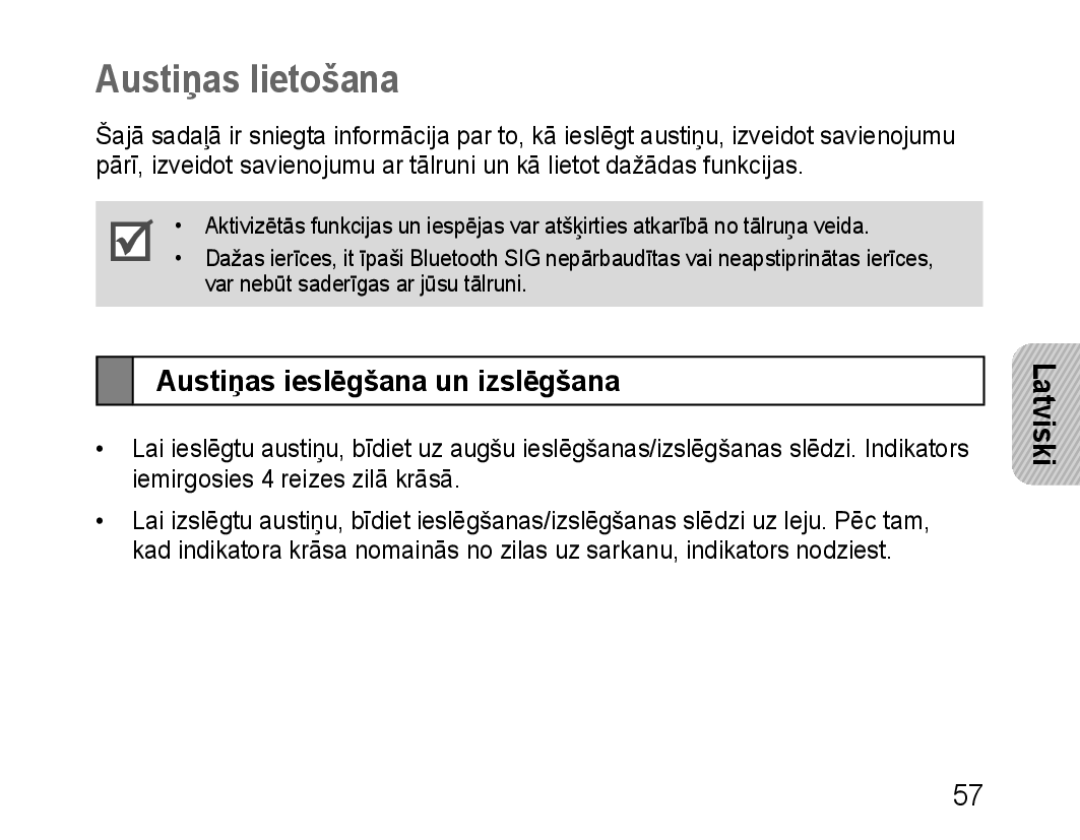 Samsung BHM1100EBEGSEB manual Austiņas lietošana, Austiņas ieslēgšana un izslēgšana 